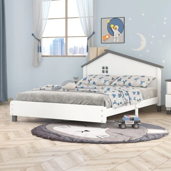 Деревянная кровать-платформа с изголовьем в форме домика (белый + серый)