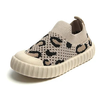 Детская повседневная обувь с леопардовым принтом, вязаная обувь для младенцев на мягкой подошве, обувь для маленьких девочек и мальчиков, обувь для малышей