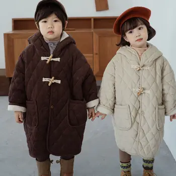 Детские хлопковые пальто с подкладкой, детское зимнее пальто из вельвета средней длины и бархата для мальчиков и девочек, детское хлопковое пальто с капюшоном и пуговицами в виде рога