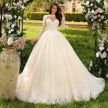 Дизайн Классическое Бальное платье с высоким воротом и длинным рукавом, расшитое бисером, Свадебное платье 2023 года, Великолепные аппликации, Кружевной шлейф, Винтажное свадебное платье