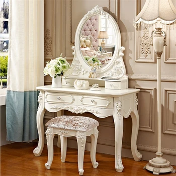 Европейские комоды, туалетный столик с зеркалом, Белый стол для макияжа с выдвижными ящиками и табуреткой - Маленький деревянный туалетный столик для спальни
