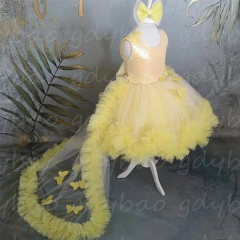 Желтое платье для девочки в цветочек Милая Пушистая аппликация из тюля без рукавов с блестками Подарок ребенку на День рождения Причастие Платье для выпускного вечера