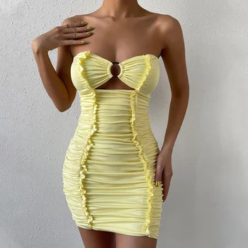 Желтое сексуальное платье без бретелек для женщин с деревянными ушками, плиссированное мини-платье без спинки, летние обтягивающие платья для ночных клубов.
