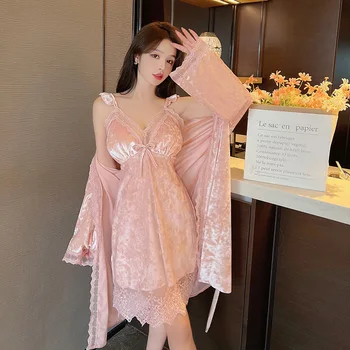 Женская осенняя теплая пижама Халат с длинным рукавом С платьем Пижамы из двух частей Ночные рубашки из мягкого золотистого бархата Комплекты для отдыха