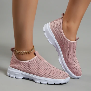 Женская сетчатая обувь на плоской подошве, вязаные кроссовки на платформе с кристаллами, Новинка осени 2023, Повседневная обувь для прогулок, Дышащая обувь для бега, походная обувь