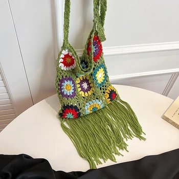 Женская сумка через плечо с цветочной кисточкой, вязаная крючком, сумка в этническом стиле, богемная мягкая тканая сумка с отверстиями для девочек женского пола