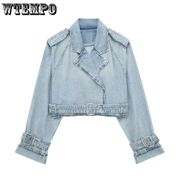 Женская укороченная джинсовая куртка WTEMPO с длинным рукавом, шикарная леди с высокой улицы, потертый синий жакет, пальто, топ, женская короткая верхняя одежда