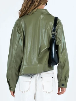 Женская укороченная куртка из искусственной кожи, повседневный однотонный кардиган с длинным рукавом и пуговицами, осеннее короткое пальто для мотоциклистов