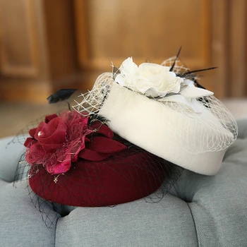 Женская шляпа из 100% шерсти с вуалью, фетровая кепка с цветочным рисунком, зимние головные уборы знаменитостей, шляпа-дерби для фотосъемки коктейльных чаепитий