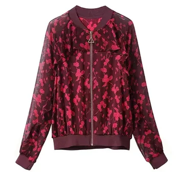 Женские куртки M-5XL из красного бархата с цветочным принтом, на молнии, Весенне-осеннее тонкое пальто, Топы с цветочным принтом, Женская одежда, Дешевая верхняя одежда