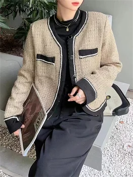 Женские куртки Syiwidii с длинным рукавом, осень 2023, модная винтажная зимняя куртка контрастного цвета на пуговицах, повседневные пальто с круглым вырезом