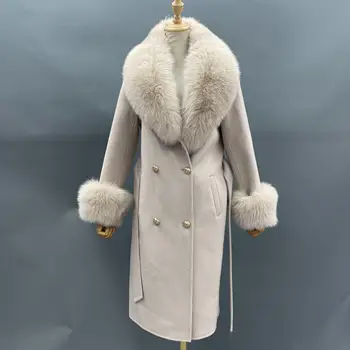 Женские шерстяные пальто с большим воротником и воротником из НАТУРАЛЬНОГО меха, Элегантное длинное кашемировое пальто с поясом, Европейский приталенный тренч, женское пальто