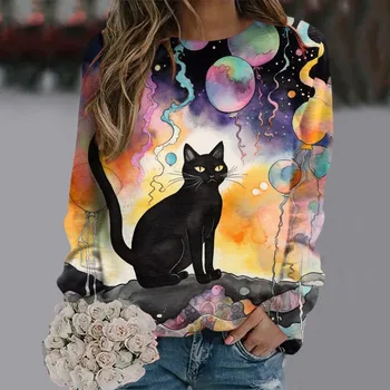 Женский пуловер с акварельным рисунком кота, модная красочная толстовка с 3D принтом, повседневная свободная одежда на Хэллоуин для дам, осень