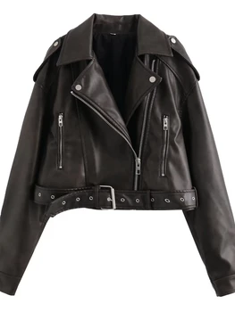 Женское короткое пальто из искусственной кожи с отложным воротником и длинным рукавом, женские пальто 2023, модная уличная одежда, мотоциклетная куртка-бомбер на молнии