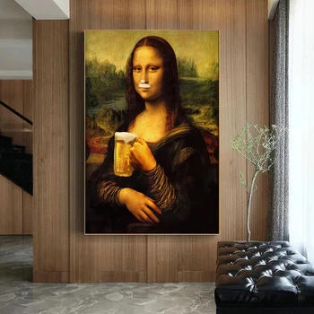 Забавная Мона Лиза, пьющая пиво, картины на холсте, знаменитые плакаты и принты, настенное искусство, модульные картины для домашнего декора в гостиной
