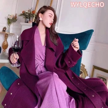 Зимнее Пальто Женское Корейское Фиолетовое Негабаритное Свободное С Поясом 100% Двустороннее Кашемировое Пальто Женское 2023 Роскошная Модная Длинная Куртка