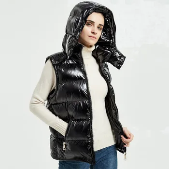 Зимняя одежда, глянцевый осенне-зимний жилет, женские пальто, женская глянцевая одежда, Теплая Водонепроницаемая зимняя куртка без рукавов с капюшоном