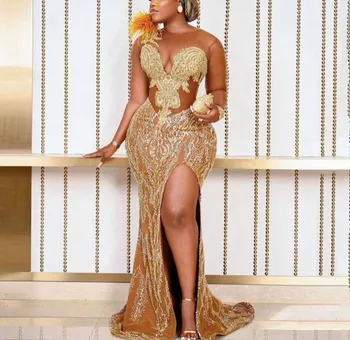 Золотые афроамериканские платья для выпускного вечера Русалка С длинными рукавами, расшитые бисером, черные девушки, Нигерия, вечернее платье Robe De Soiree, платье