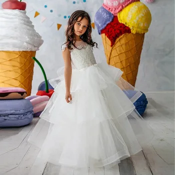 Изготовленные на заказ бальные платья для девочек-цветочниц на свадьбу длиной до пола, нарядные платья для малышей, многоуровневые детские платья для празднования Дня рождения, причастия.