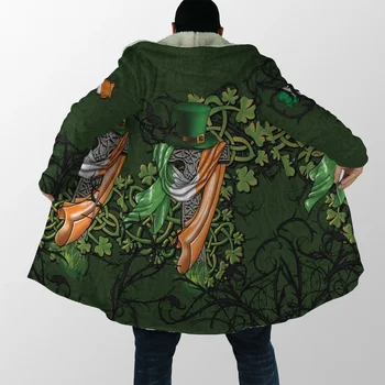 Ирландское Кельтское Зеленое Пальто с перекрестным клевером, 3D Принт, Толстый теплый Плащ с капюшоном, Мужской Ветрозащитный Флисовый Повседневный Унисекс-2