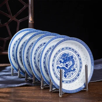 Китайские 8-дюймовые Бело-голубые Фарфоровые обеденные тарелки, Керамическая винтажная тарелка с Драконом, Кухонная Круглая посуда, Бытовой Поднос для еды
