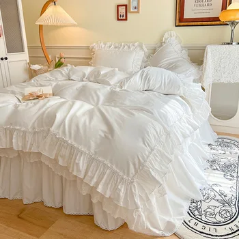 Комплект постельного белья Princess White Luxury Queen King Size из чистого хлопка, пододеяльник, юбка для кровати, Наволочки, комплект одеяла для костюма, 4 шт.