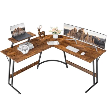 Компьютерный стол Vineego L-образной формы, современный угловой письменный стол с небольшим столиком, коричневый в деревенском стиле