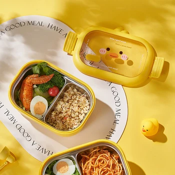 Коробка для бенто Kawaii для детей из нержавеющей стали с двойным боковым зажимом, изолированная столовая, коробка для еды с 2 ячейками