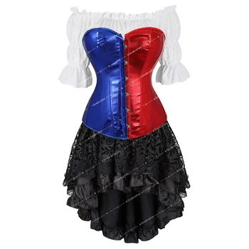 Корсет в стиле стимпанк, наряды из 3 предметов, красные, синие корсажи, комплект из юбки и блузки, готический косплей, костюм на Хэллоуин
