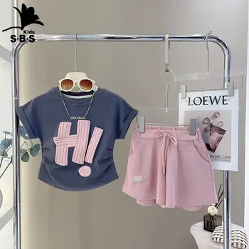 Костюм для девочек 2023, летние новые детские повседневные шорты с короткими рукавами, комплект из 2 предметов.