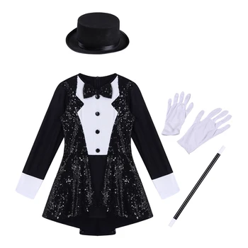 Костюм фокусника на Хэллоуин для девочек, трико с блестками с длинным рукавом + шляпа + Волшебная палочка + перчатки для карнавальной вечеринки, косплей-представление