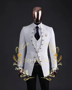Красивый мужской костюм в клетку для свадьбы, комплект из 3 предметов, воротник-стойка, официальные смокинги для жениха, костюм для вечеринки (куртка + брюки + жилет)