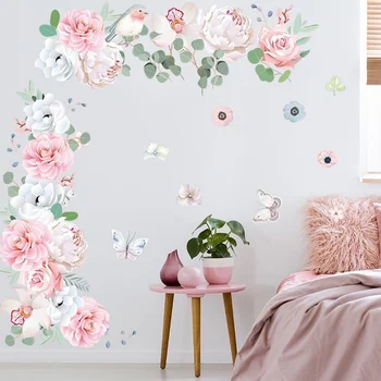 Красочные Маленькие свежие розовые цветы пиона Зеленые листья Наклейки на стены Украшение детской комнаты Декор спальни Наклейки на стены для ванной комнаты
