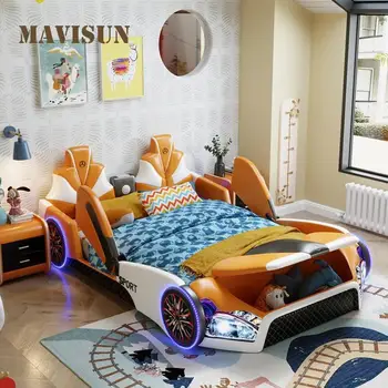 Кровать в форме автомобиля для мальчиков и девочек, прекрасная мебель для спальни из массива дерева, Многоцветный выбор, классная детская кровать с перилами