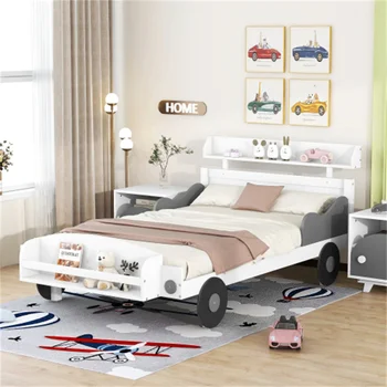 Кровать-платформа в форме автомобиля с полкой для хранения, белая, прочная, проста в сборке, подходит для мебели для спальни