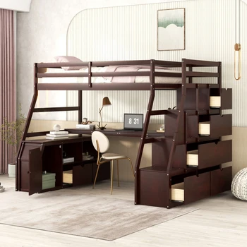Кровать-чердак двойного размера с 7 выдвижными ящиками, 2 полками и письменным столом, легко монтируемая для мебели для спальни в помещении