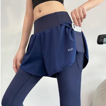 Леггинсы для спортзала, штаны для йоги, спортивная одежда для фитнеса, женские искусственные леггинсы для бега из двух частей с карманами, эластичная высокая талия