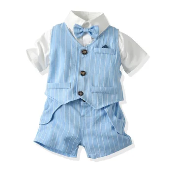 Летние комплекты официальной одежды для маленьких мальчиков, Рубашки для маленьких мальчиков с коротким рукавом и бабочкой + Жилет + Шорты, одежда для джентльменов.