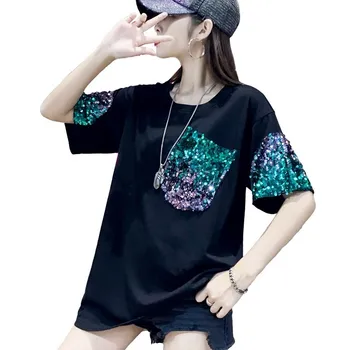 Летняя женская повседневная одежда Свободные Черные карманные украшения с блестками Harajuku Футболки с коротким рукавом и круглым вырезом Топы Y2k
