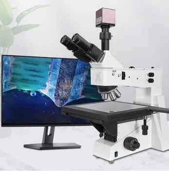 Металлографический микроскоп с тремя глазами, подключенный к экрану дисплея, электронная промышленная фотография, измерение и обнаружение