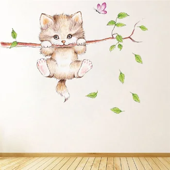 Милые Кошки, Свисающие ветви, Наклейки на стену с бабочками для детской комнаты, Детской спальни, Милые животные, наклейки на стены, декор для детской комнаты, Фрески