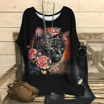 Модная женская футболка с 3D принтом кошек, летний топ с коротким рукавом, футболка оверсайз, женская футболка с круглым вырезом, повседневный женский пуловер
