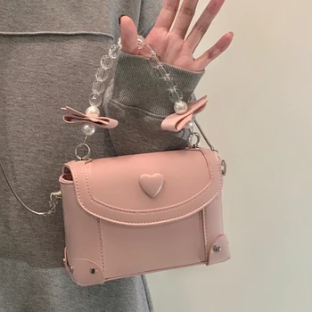 Модные женские маленькие квадратные сумки через плечо с сердечками из искусственной кожи, женская сумка через плечо с цепочкой, расшитая бисером ручка, женский кошелек, сумки