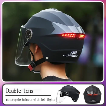 Мотоциклетные шлемы со светодиодной подсветкой, шлем для мопеда, электрический скутер для мужчин и женщин с двойным козырьком, перезаряжаемый фонарь на лето