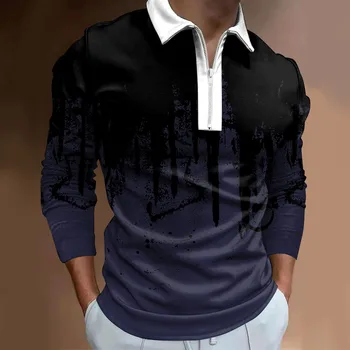 Мужские рубашки поло в стиле ретро, модная свободная футболка с лацканами на молнии с градиентом, футболка с длинным рукавом, повседневная одежда для занятий спортом, мужская одежда