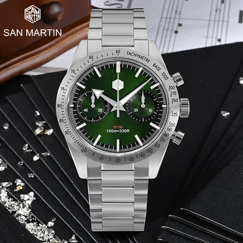 Мужские спортивные часы San Martin с хронографом 40 мм SM57 Vintage Luxury Seagull ST1901 Ручной механический Сапфировый 10 АТМ BGW9 Люминесцентный