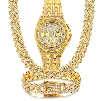 Мужские часы 3ШТ класса люкс Wistwatch Ожерелье Браслет Ювелирный набор Bling Золото Серебро Бриллиант Кубинские часы на цепочке Relogio Masculino