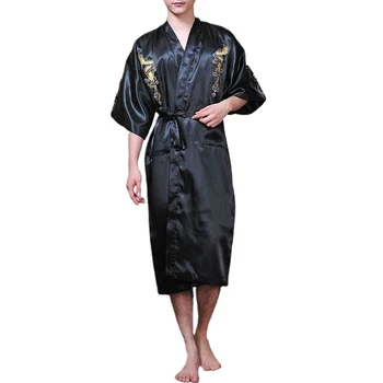 Мужской атласный шелковый халат с вышивкой китайского дракона, кимоно, халат, пижама, пижамный халат, банные халаты, пижамная одежда