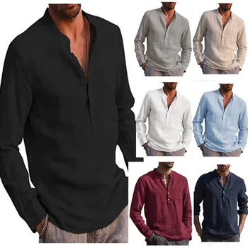 Новая модная мужская рубашка, хит продаж, мужская повседневная пляжная льняная рубашка с V-образным вырезом и длинными рукавами, мужская одежда