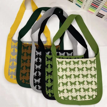 Новая сумка ручной работы с бабочкой, вязаная крючком, контрастного цвета, сумка ручной вязки, женская сумка через плечо, вязаные повседневные сумки